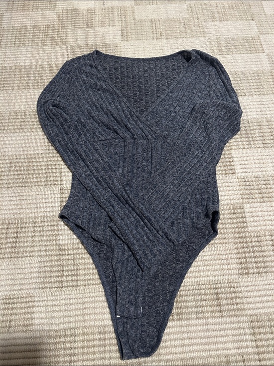 Tops - Ribbed V-Neck Long Sleeve Bodysuit - Charcoal Gray